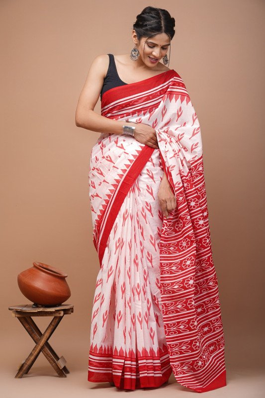Pure Mulmul Cotton Saree With Blouse Piece, Natural Hand Block Print.