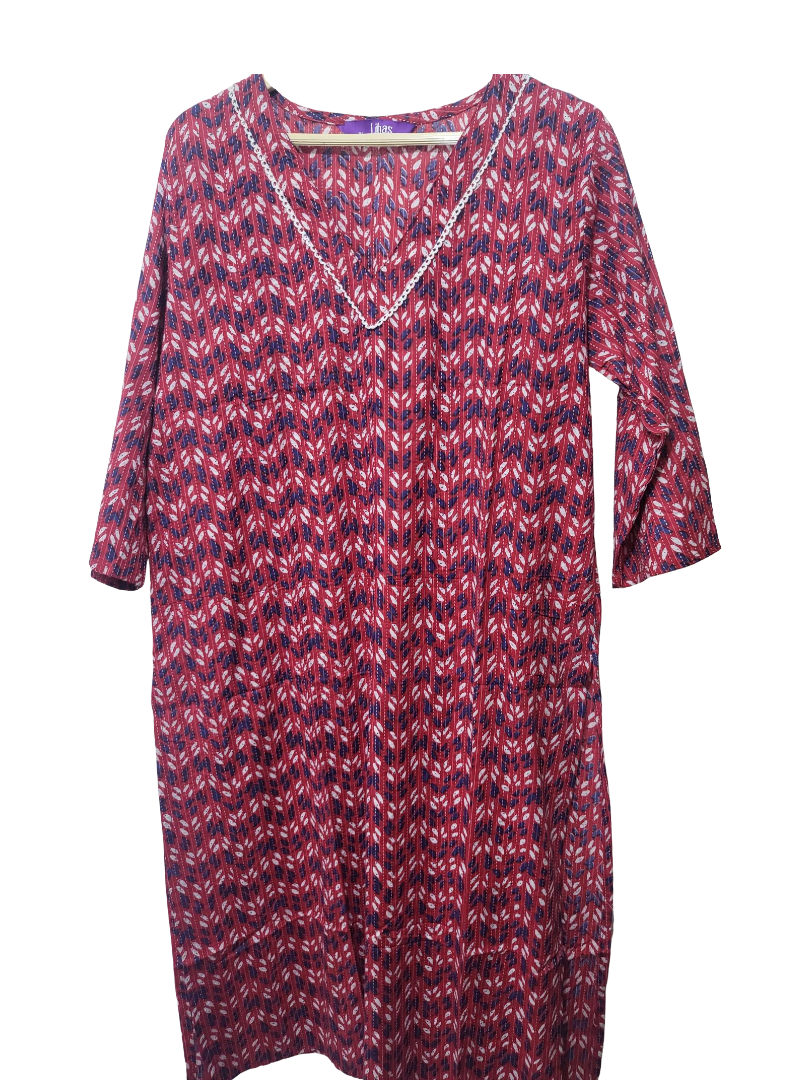 Women's Pure Cotton- Kurti, Red V Neck Kurti