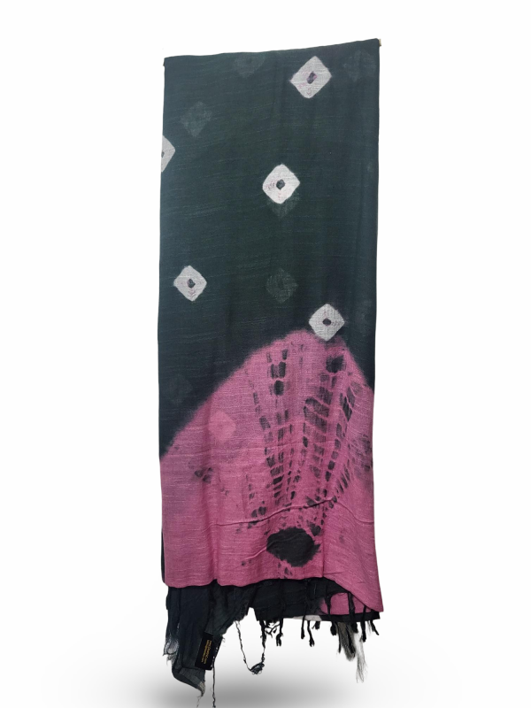 Hand Block Printed Linen Sarees with Blouse Natural Dye (Green and Pink Print)
