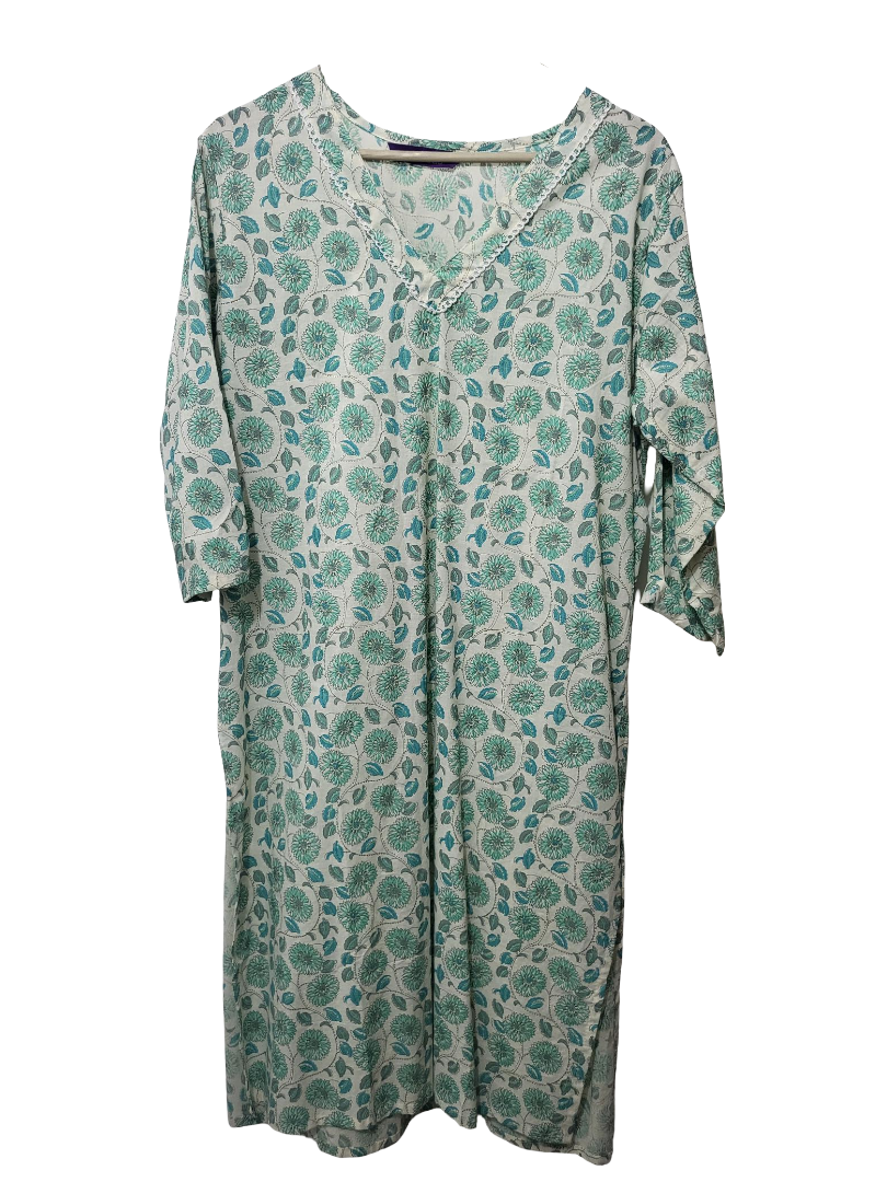 Women's Pure Cotton- Kurti, Offwhite And Green Printed Kurti