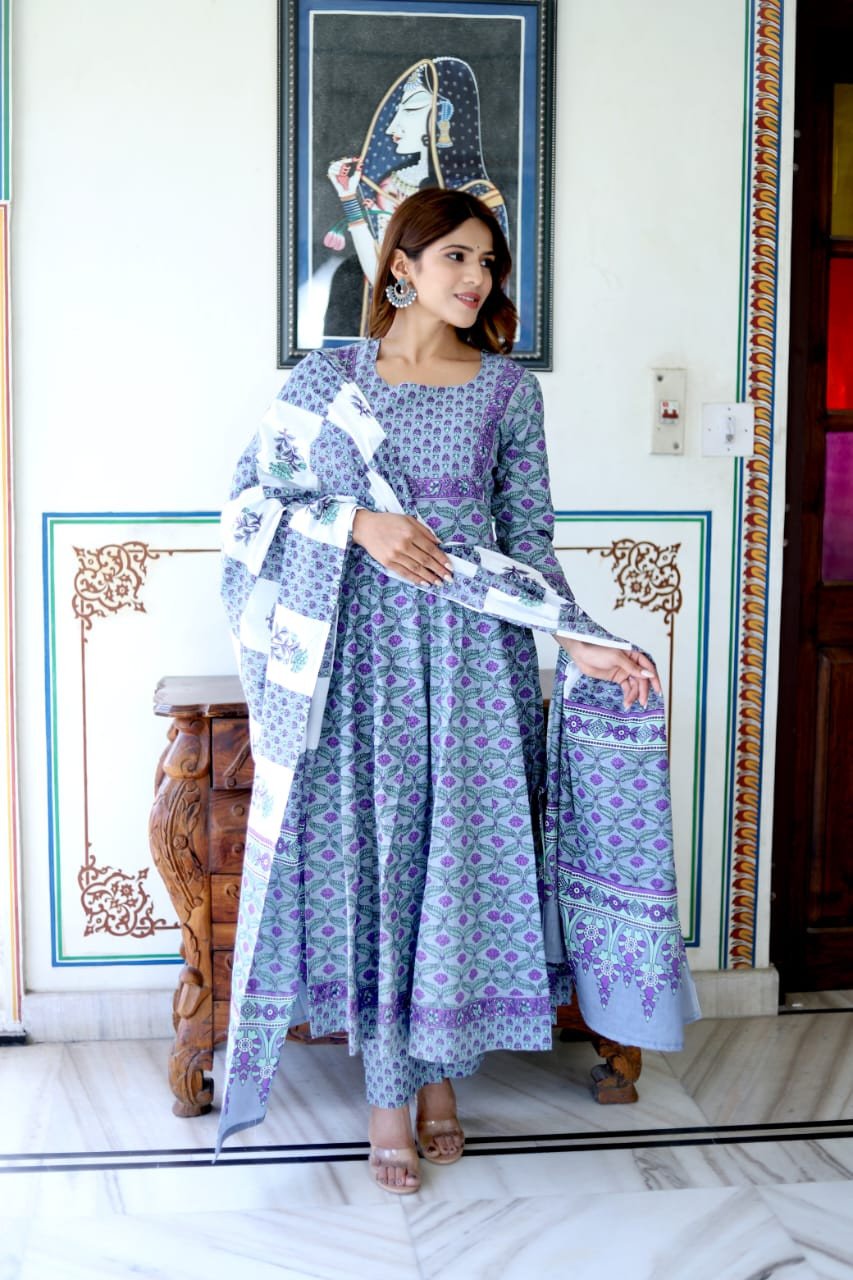 Bagru Handblock Printed Anarkali Set With Mulmul Duptta(92*80)