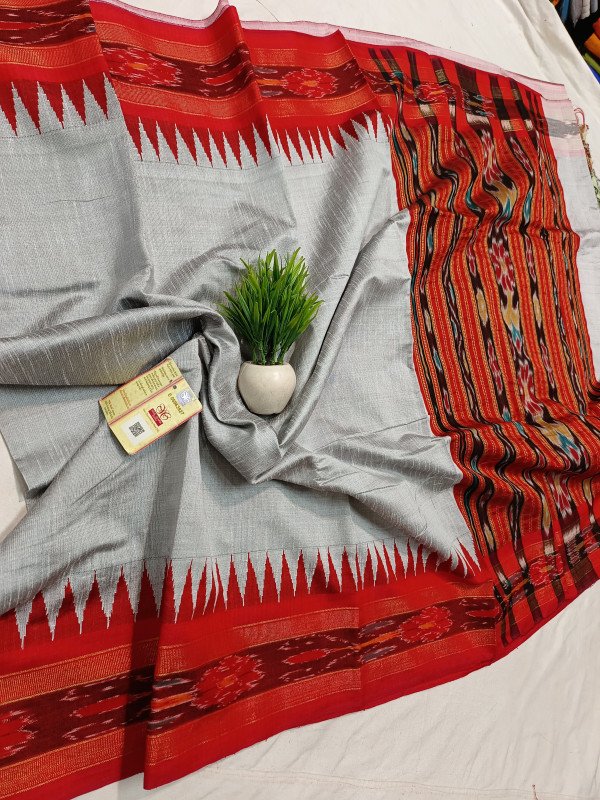 Pure Raw Silk Handloom Ikkat Border And Vidarbha Temple Border Saree With Contrast Blouse