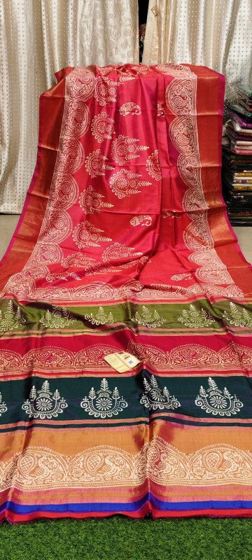 Pure 3 Ply Jori Border Jari Anchal Pure Bishnupur Handloom Katan Silk Block Print