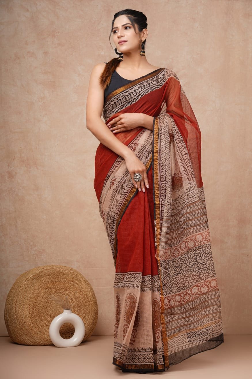 Hand Block Printed Kota Doriya Sarees With Blouse