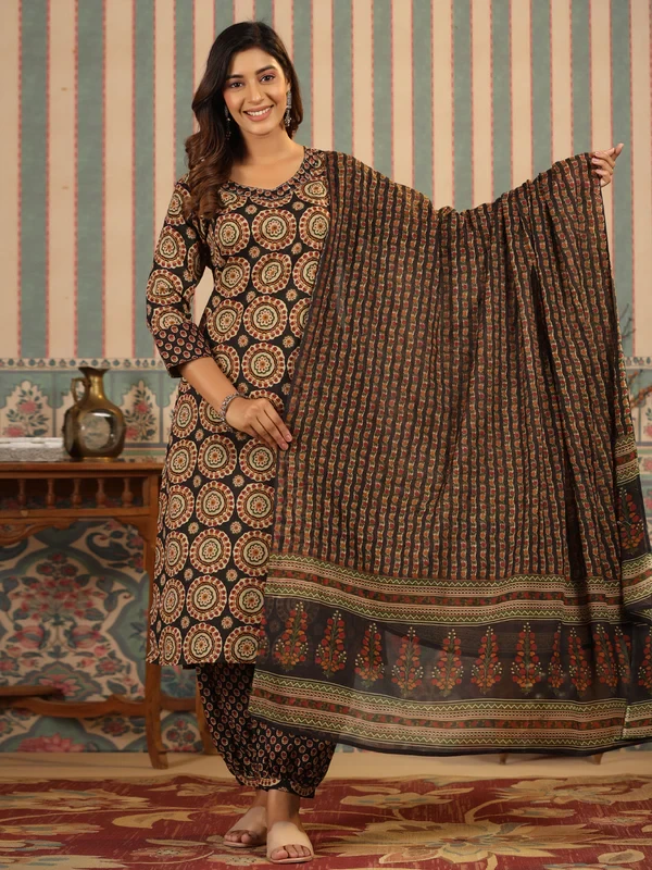 Straight Style Cotton Fabric Black Color Kurta And Bottom With Dupatta