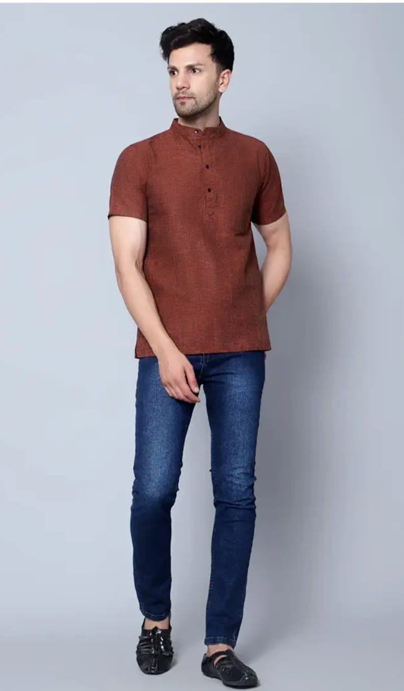 Men's Cotton Blend Regular Textured Short Kurta Half Sleeves