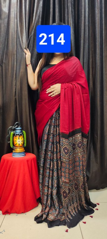 Pure Modal Silk Ajrakh Natural With Plain Saree