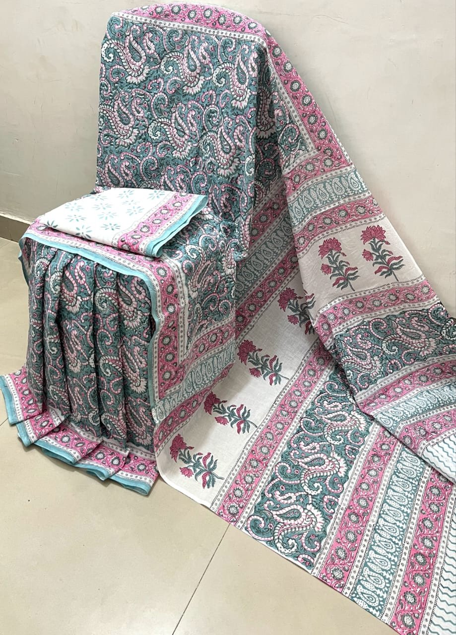 Bagru Handblock Printed And Ajrakh Print Pure Cotton Mulmul Sarees With Blouse Piece
